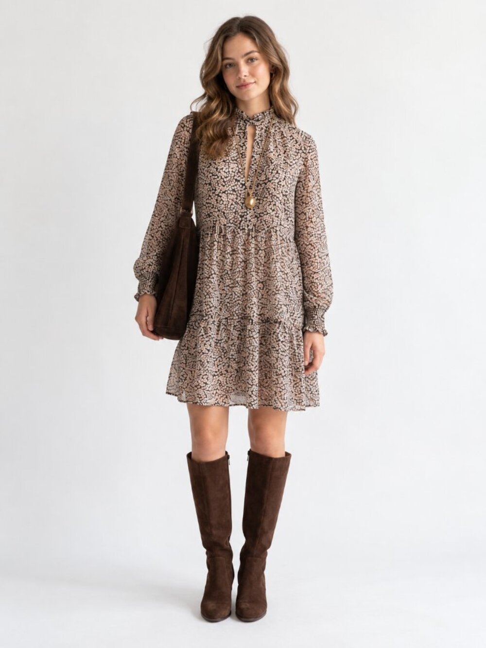 NWT Elan Connie Floral Tiered Mini Dress Olive Green Ruffle S
